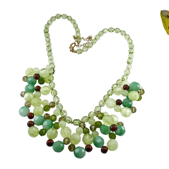 Green Faceted Glass Beaded Statement Necklace Chunky Layered Boho Jewelry - Picture 2 of 5